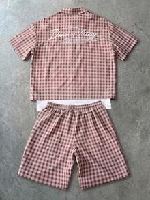 PAVTROS Men's Letter Embroidery Plaid Pattern Short Sleeve Shirt And Shorts Set - Multicolor - View 7