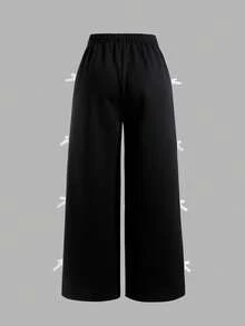 Tween Girls High Waist Summer College Style Casual Cute Sports Knitted Bowknot Decor Straight Leg Sweatpants Long School Black And White Striped - Black - View 2