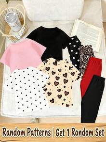 (Random 4 Sets, Send 1 Set) Baby And Girl Fashion Leopard Cherry Shining Bow Pattern Printed Casual Style Basic Short T Plus Bottom Pants Set - Multicolor - View 2