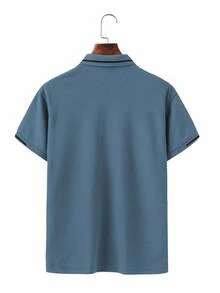 Manfinity Homme 男士拼色短袖休閒通勤 Polo 衫 - 水鴨藍 - 查看 2