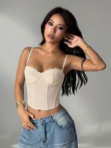 SHEIN PETITE 女款蕾絲透視細肩帶背心上衣，白色夏季性感派對夜用，可愛內衣式上衣，無肩帶束腰上衣，夜店上衣，內搭衫 - 杏色 - 查看 4
