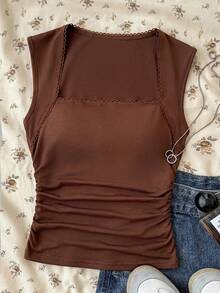 SHEIN Camisetas para adolescentes, top sin mangas de verano unicolor con fruncido lateral - Multicolor - Ver 3