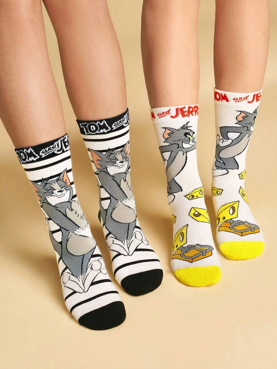 TOM & JERRY X SHEIN 2雙貓咪與老鼠圖案筒襪 - 彩色 - 查看 1