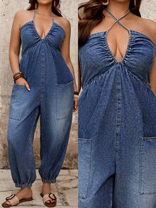 EMERY ROSE EMERY ROSE Mono de mezclilla casual para uso diario con cuello halter y fruncido para mujer de talla grande - Azul lavado medio - Ver 2