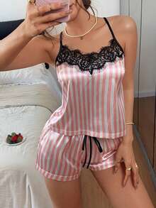 Napfluff Women's Loose Comfortable Cute Striped Contrast Lace Camisole Top And Cute Striped Pajama Bottoms 2 Pieces Set - Pink - View 4
