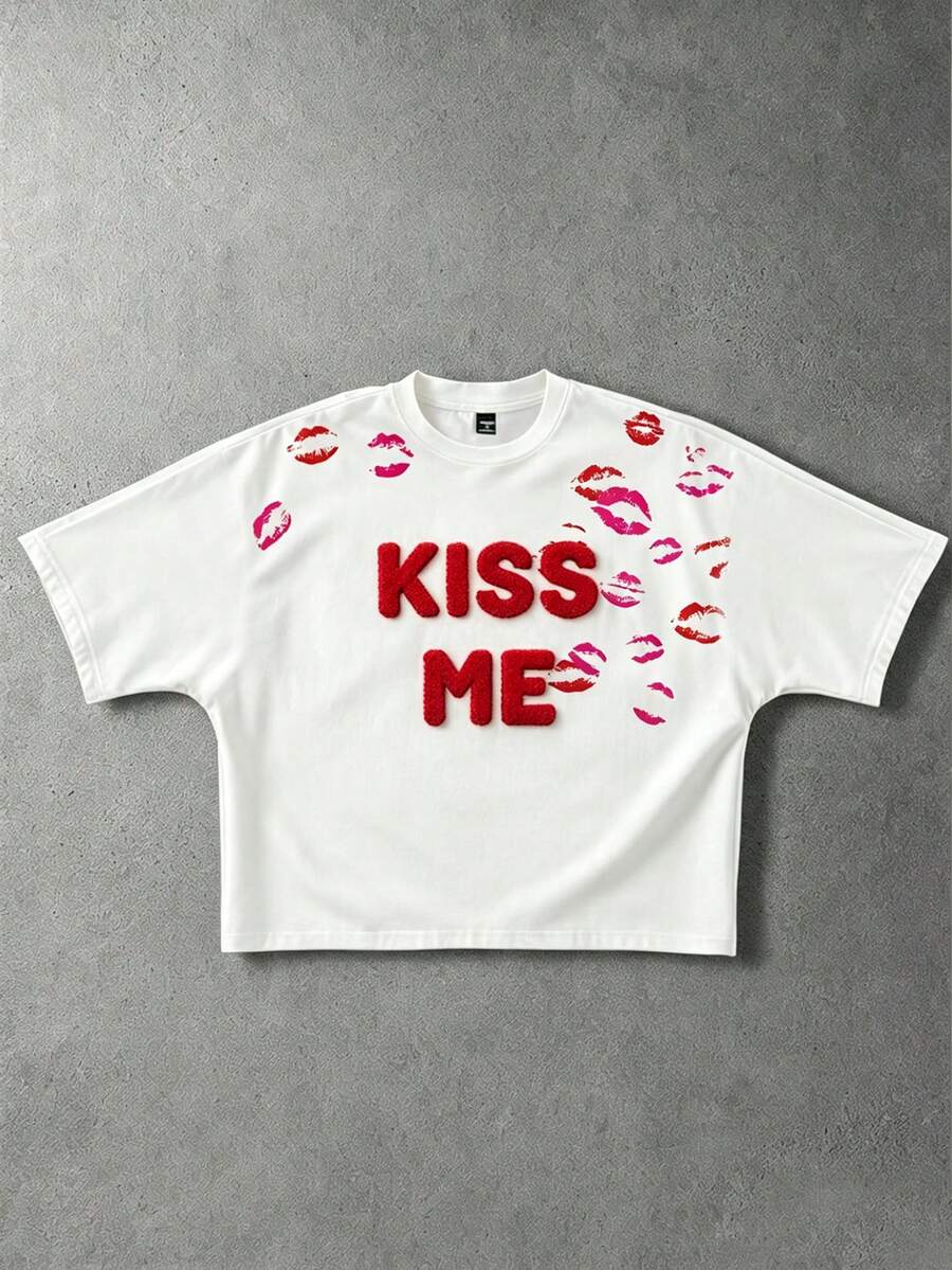 Manfinity EMRG Men Women Boxy Fit T-Shirt, 3D Towel Embroidery Letter Print, For Parties, Streetwear, Daily Wear, Gatherings, Vacations, Couples, Friends - White - View 1