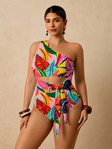 Travachic Plus Size Tropical Plant Print Cutout One Shoulder Tie One-Piece Swimsuit Bathing Suit - Pink - View 5