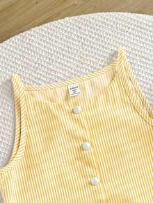 SHEIN Setelan 2 Potong Atasan Tank Top dan Celana Pendek Bergaris Biru dan Putih untuk Anak Perempuan Remaja - Kuning - View 5