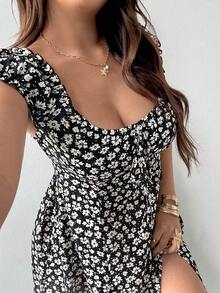 Sunnyshic Plus Size Fashionable Small Floral Print Petal Sleeve Cinched Waist Summer Women's Dress - Black - View 7
