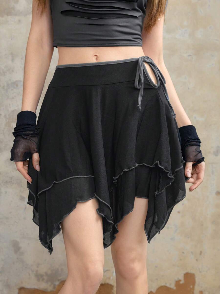 ROMWE Fairycore Contrast Binding Knot Side Asymmetrical Hem Skirt - Black - View 1