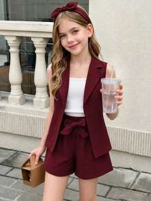 SHEIN 女童無袖背心外套與短褲套裝，蝴蝶結腰部設計，休閒時尚穿搭，日常穿著，兄弟姊妹套裝，情侶套裝（2套分開販售） - 酒紅色 - 查看 5