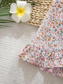 Emery Rose Kids Emery Rose Kids 少女純色圓領無袖T恤與花卉荷葉邊裙時尚套裝 - 粉色 - 查看 8