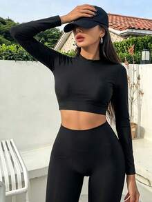DAZY 女款純色長袖短版上衣與長褲布基尼兩件式泳衣套裝，適合夏季度假與海灘 - 黑色 - 查看 3
