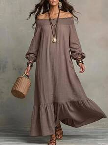 Livesso Rochie lungă de vară pentru femei, stil casual de vacanță, own-shoulder, fluidă și largă - Cafea - Vizualizare 1