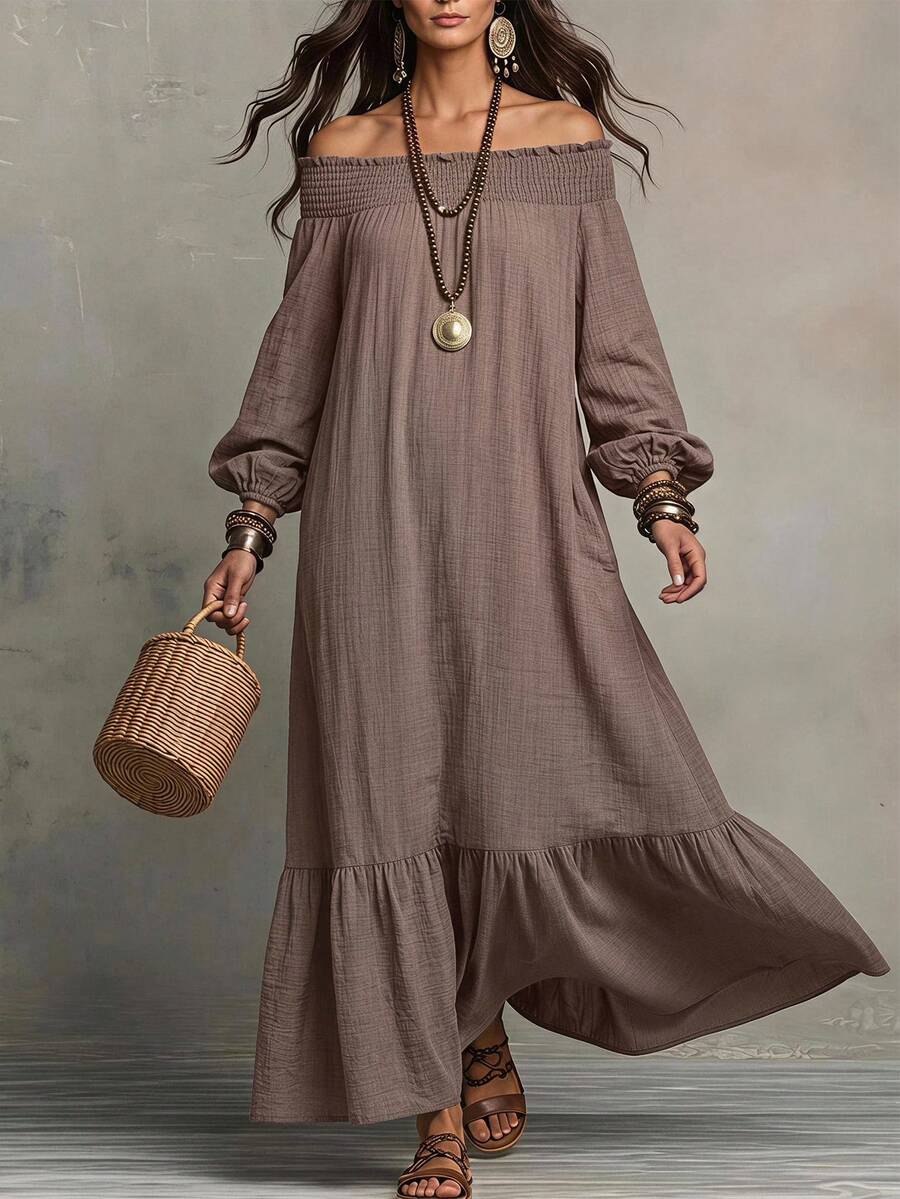Livesso Rochie lungă de vară pentru femei, stil casual de vacanță, own-shoulder, fluidă și largă - Cafea - Vizualizare 1