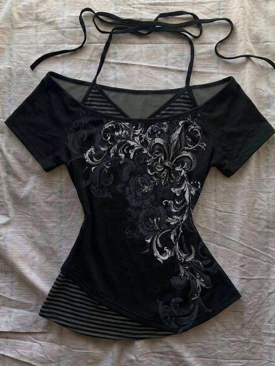 Attitoon 休閒極簡風黑灰街頭風捲花箭頭印花對比色黑灰條紋女款2合1T恤,適合春夏 - 彩色 - 查看 1