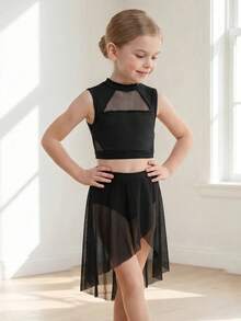 SHEIN Young Girls Ballet Dance Tango 2 Pieces Set Tank Top + Asymmetrical Hem Mesh Skirt High Elasticity Comfortable Knit Fabric Black 7th Birthday Fall - Black - View 5
