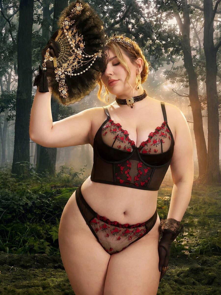 PinupPomp 2pcs/Set Plus Size Women's Mesh Embroidered Floral Lingerie Set - Multicolor - View 1