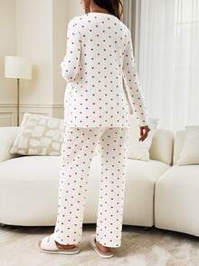 Slowluna Maternity Heart Print Side Slit Hem Long Sleeve Top And Adjustable Waist Long Pants Casual 2 Pieces Set Fall,Autumn Outfit For Women - White - View 2