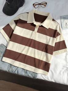 Comfortcana 大尺碼棕色與杏色條紋寬鬆短袖 Polo 領學院風 T 恤 - 棕色 - 查看 5