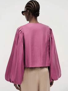 Aveloria Modichic Blusa de mujer holgada y corta con mangas abullonadas, hebilla dorada, cuello en V, plisada, elegante, madura, para fiesta, brunch, cena, té, oficina, top rosa, otoño - Morado - Ver 5