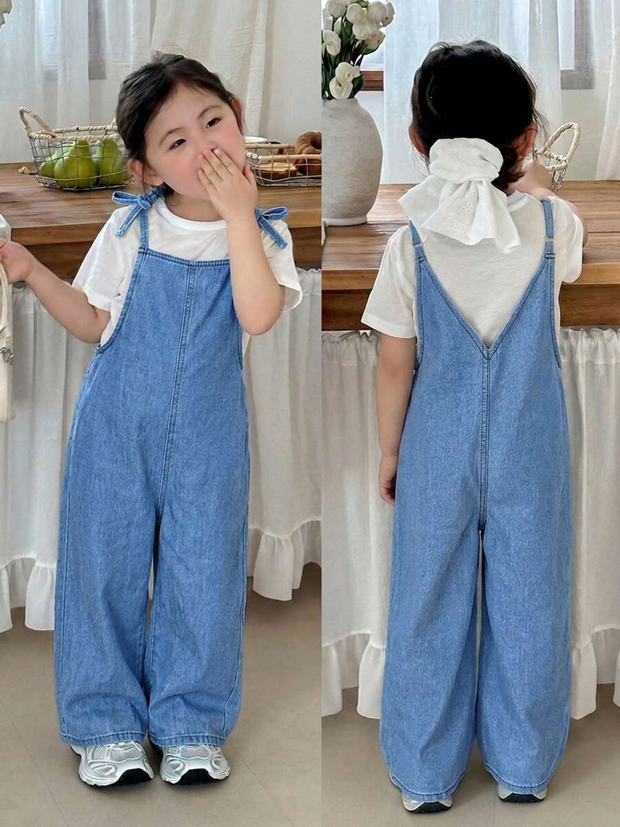 SHEIN Little Byeori 女童深藍色牛仔寬鬆連身褲 - 淺色水洗藍 - 查看 1