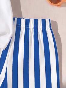 1 Set Baby Boy Casual Minimalist Vacation Style Lemon Pattern Pure Cotton Short Sleeve T-Shirt With Striped Print Shorts Set Suitable For Outings Summer Blue And White Color Summer Set Suitable For Vacation, Beach, Outings - Multicolor - View 5