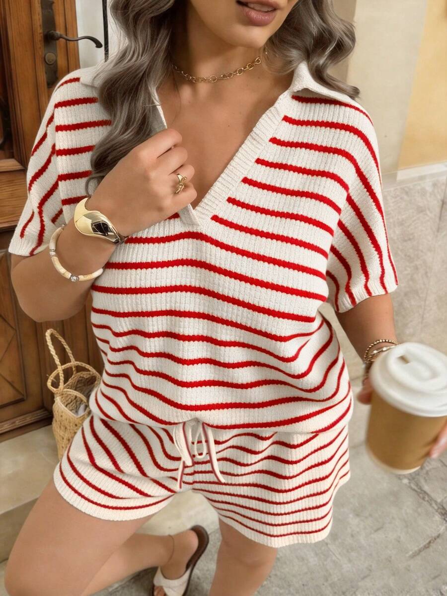 Ceyna Conjunto de 2 piezas de punto con patchwork para primavera/verano, manga corta y shorts, talla grande, con cordón falso