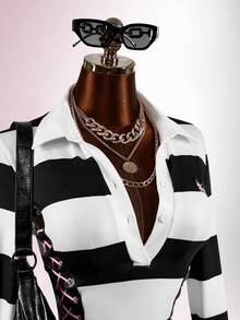 Amplova POLO Collar Pony Logo Split Tie Design Back To School Street Style Women's Mini Vintage Dress - Black and White - View 7