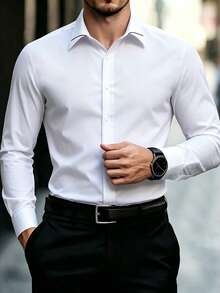 Manfinity Bizformal 男士春秋休閒商務日常通勤長袖白色襯衫，正式款 - 白色 - 查看 5