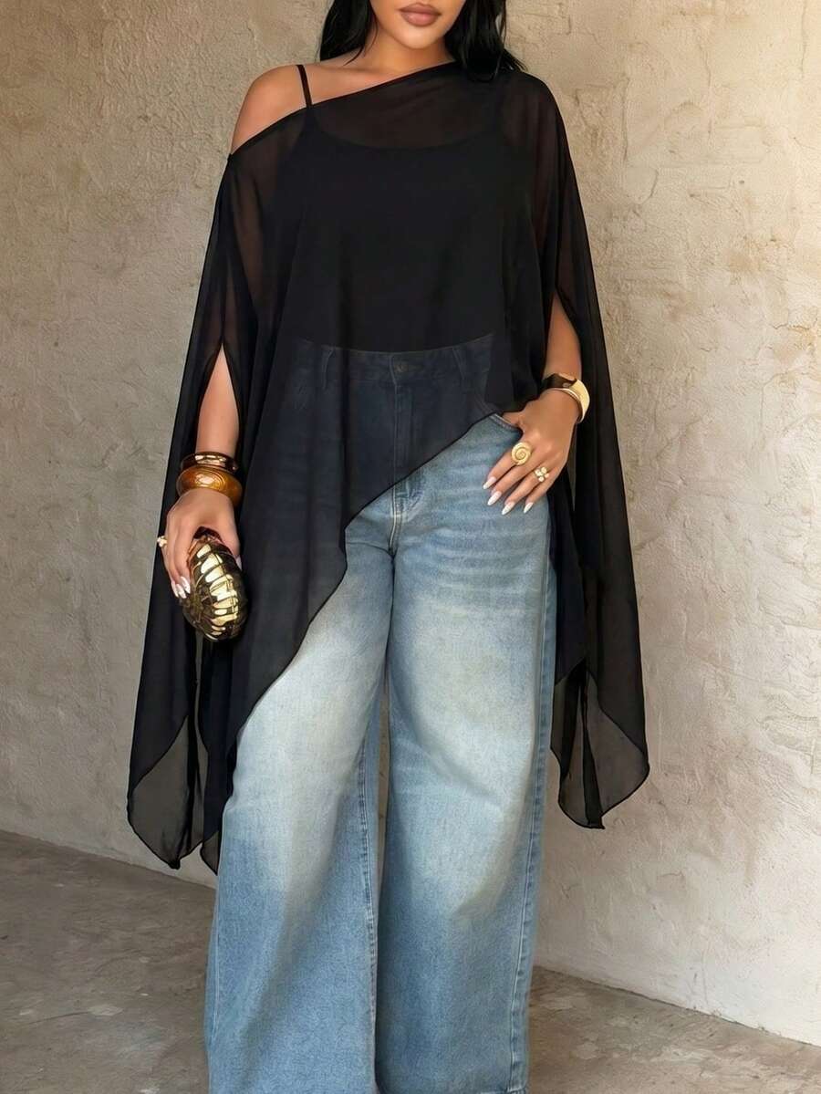 Modelyn Summer Black Chiffon Open Shoulder Elegant Plus Size Women's Blouse Fall - Black - View 1