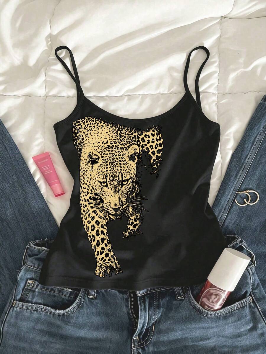 IslaSuriya Women's Leopard Print Casual Streetwear Versatile Camisole Tank Top Night Black And White Leopard Print Summer - Black - View 1