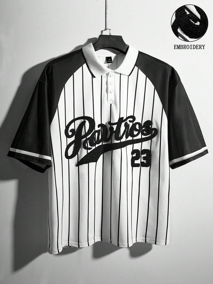 Manfinity Roghcode Ins TK 熱門美式復古學院風街頭穿搭刺繡字母條紋 Polo 衫,舒適好穿,適合日常出遊、聚會與戶外活動,情人節與週年紀念完美禮物 - 彩色 - 查看 1