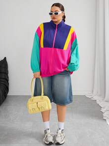 SHEIN CURVE+ 大尺碼休閒簡約薄款夾克，時尚多色拼接秋季夾克，2026年秋冬 22W 桃紅色 - 彩色 - 查看 5