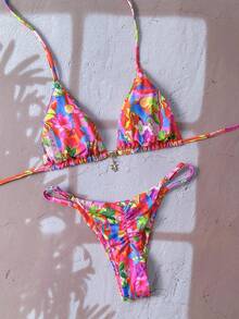 Vaclyn Women's Spring/Summer Random Print Halter Neck Metal Decor Bikini Set - Multicolor - View 2
