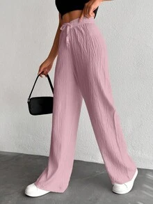 EURMUSE Women's Pure Cotton Small Size Solid Color Drawstring Long Waist Pants - Dusty Pink - View 4