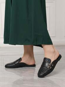 Sleekvia 女款 PU 素色扣飾辦公購物外出通勤休閒一腳蹬穆勒鞋 - 靜夜黑色 - 查看 3