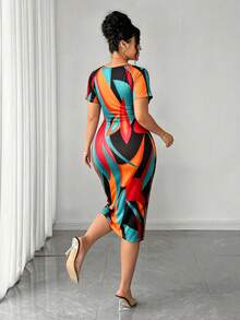 SHEIN Clasi Plus Size Women's Sweetheart Neckline All-Over Print Short Sleeve Fitted Elegant Sexy Dress, Suitable For Casual Party Cocktail Date Night Summer Red - Multicolor - View 2
