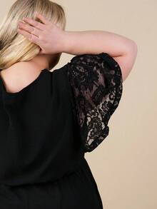 Hourglow Plus Size Elegant Lace Patchwork V-Neck Bohemian Style Dress Black, For Hourglass Body Shape - Black - View 3