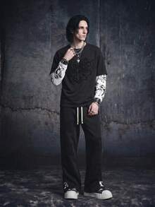 Vyqestra 男士街头风流行 INS 搭配天使丘比特印花刺绣爱心户外音乐节夜店男友丈夫礼物周年纪念礼物二合一 T 恤，适合秋季 - 彩色 - 查看 5
