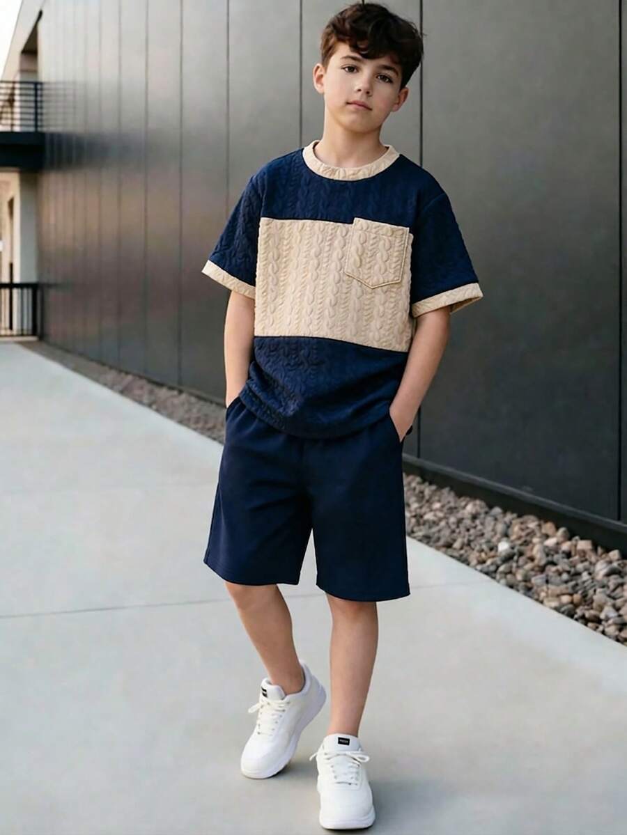 2pcs/Set Boys Casual Color Block Patchwork Design Crew Neck T-Shirt Set, Suitable For Daily Commute, School, Sports, Comfortable And Fashionable - Multicolor - View 1