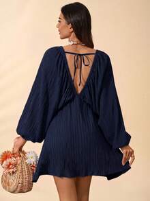 Travachic Solid Color Woven Loose V-Neck Long Sleeve Mini Dress For Women, Spring/Summer - Navy Blue - View 2