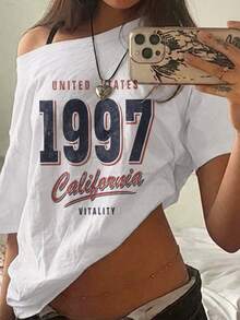 SHEIN EZwear 95%棉女款休閒露肩落肩短袖寬鬆T恤，女款夏季服飾，女款休閒穿搭，街頭風，適合日常通勤、約會、派對、秋冬、夏季、聖誕節、新年、感恩節、派對、婚禮、海灘、畢業、優雅、休閒、外出 - 白色 - 查看 7