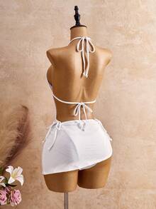 Bellisia Women's Solid Color Deep V Sexy Halter One-Piece Swimsuit With Cover-Up Skirt - White - View 2