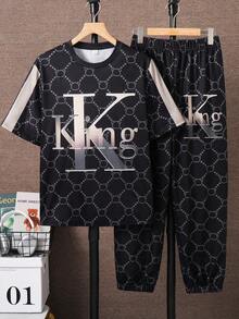 SHEIN 青少年男孩字母印花圓領短袖T恤與長褲休閒套裝 - 彩色 - 查看 5