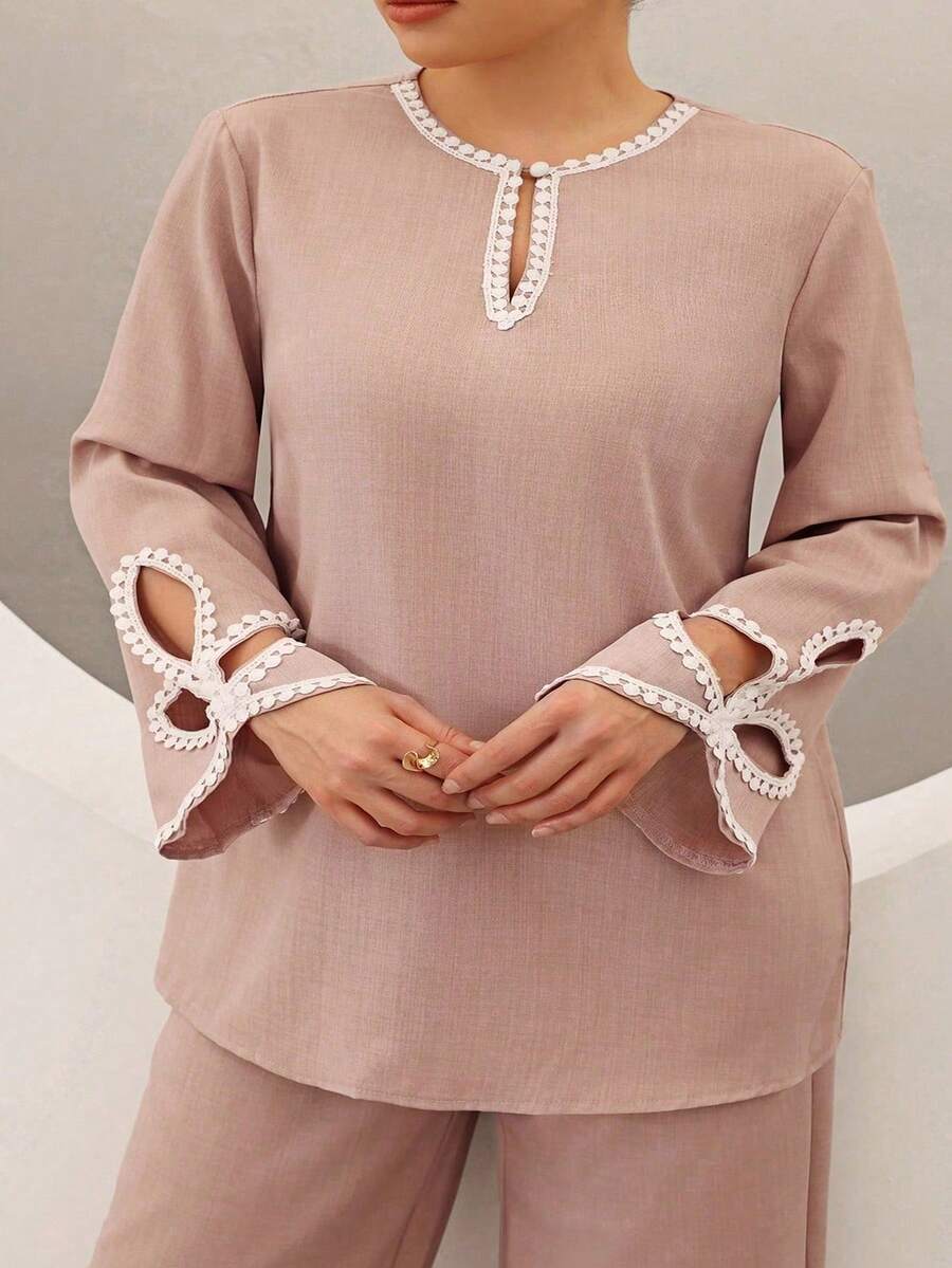 Graceveil 優雅刺繡領口藍色寬鬆上衣與寬鬆長褲女款兩件套 - 粉色 - 查看 1