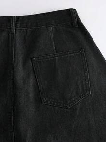 GlowEve Solid Color Lapel Collar Long Sleeve Front Button Fashionable Versatile Denim Maxi Skirt - Black - View 5