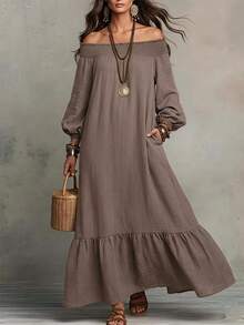 Livesso Rochie lungă de vară pentru femei, stil casual de vacanță, own-shoulder, fluidă și largă - Cafea - Vizualizare 3