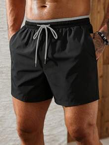 Solantero Men's Vacation Colorblock Drawstring Waist Pocket Beach Shorts - Black - View 6