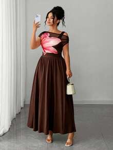 Elenzga Robe midi drapée style bohème pour femmes grandes tailles, col asymétrique, imprimé floral crème, printemps/été, tenue élégante pour vacances, plage, fête, jupe drapée ample parfaite pour la plage, photos de jardin, fête d'anniversaire ou dîner romantique - Marron - Voir 1